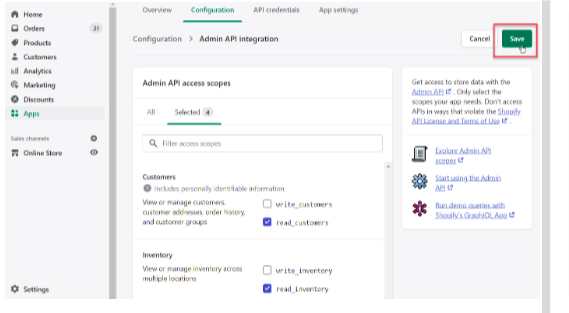 Screenshot of the Save button after selecting API scopes