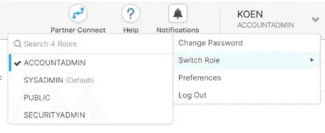 Switching to the ACCOUNTADMIN role in Snowflake