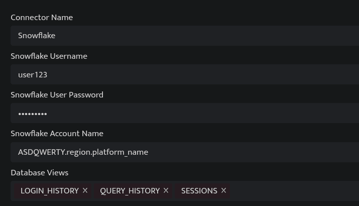 Selecting database views for the Snowflake connector