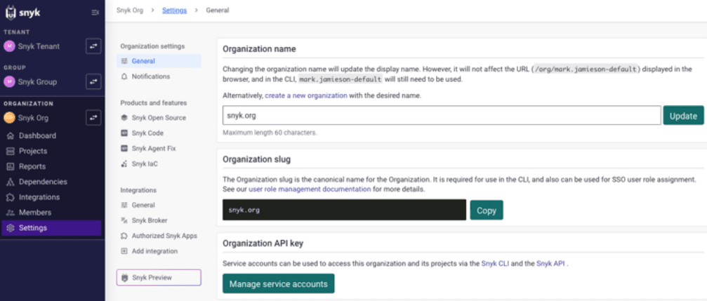 Organization ID field in Snyk Organization Settings