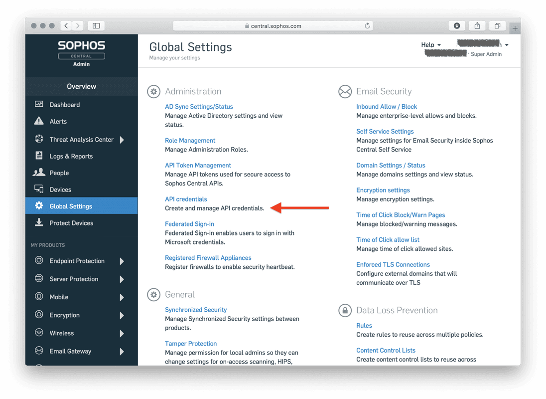Sophos Central API Credentials Management page