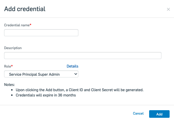 Selecting the Service Principal Super Admin role