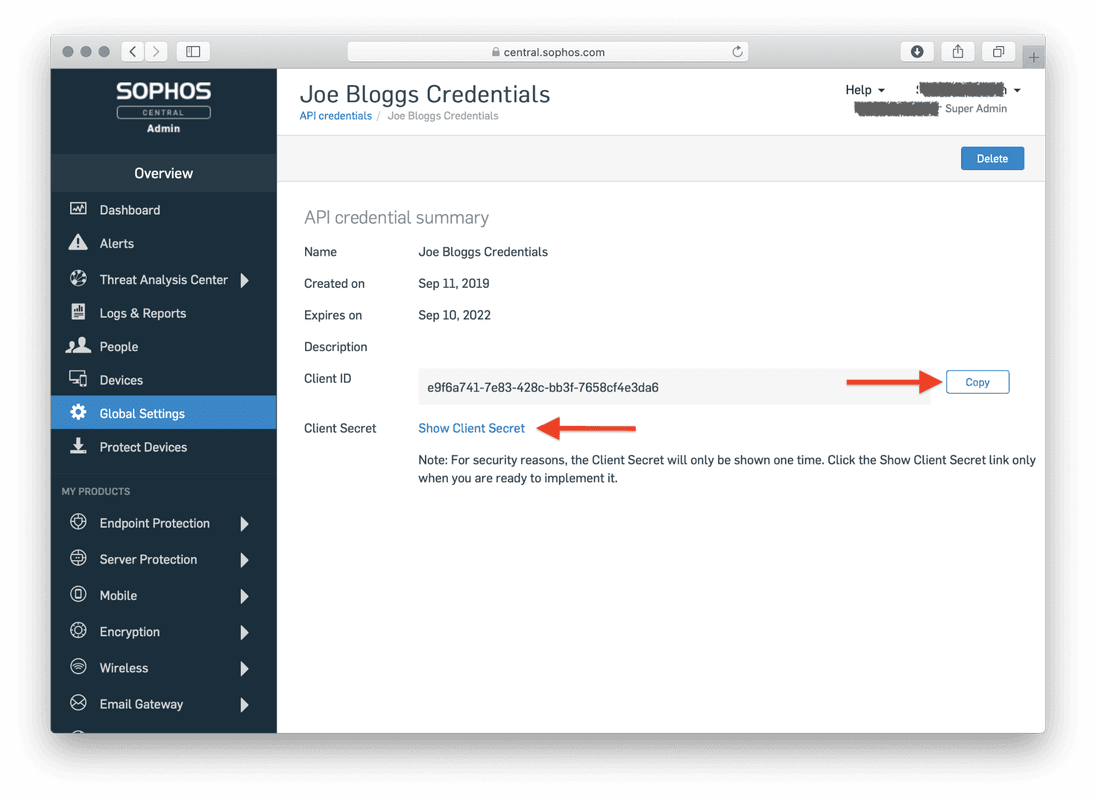 Credential summary page showing the Client ID