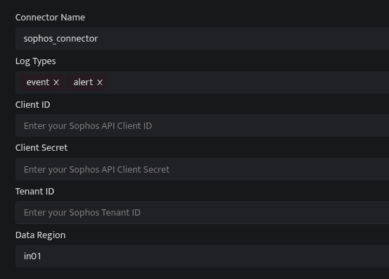 Sophos connector configuration fields in Bloo