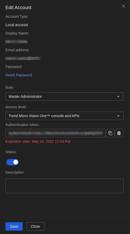 Account Details popup window
