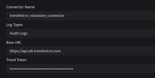 Trend Micro Vision One connector configuration fields