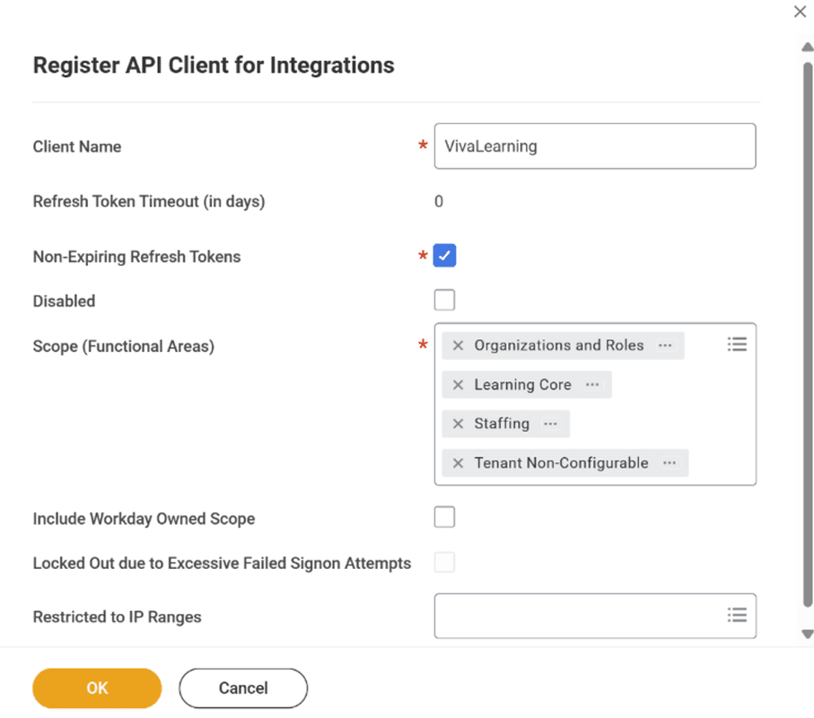 Workday Register API Client for Integrations screen showing the Scope field