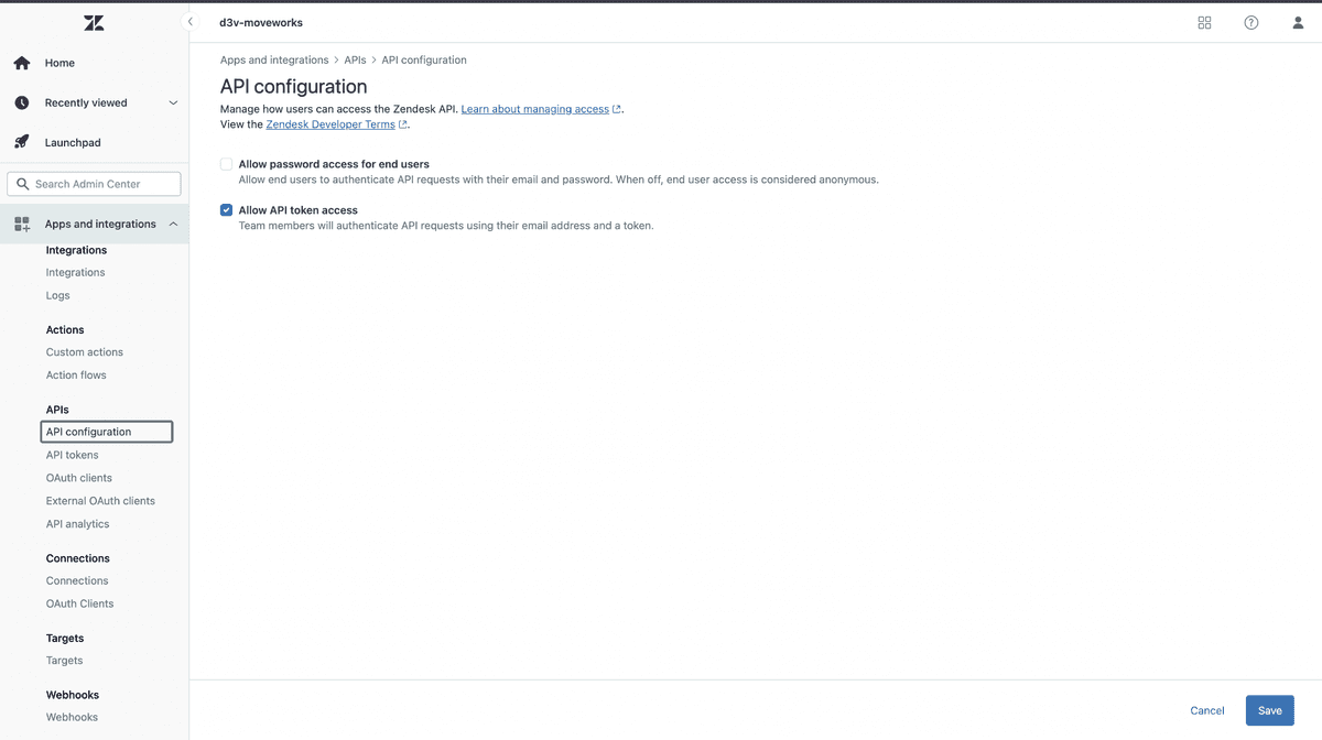 Zendesk API settings tab with Token access toggle