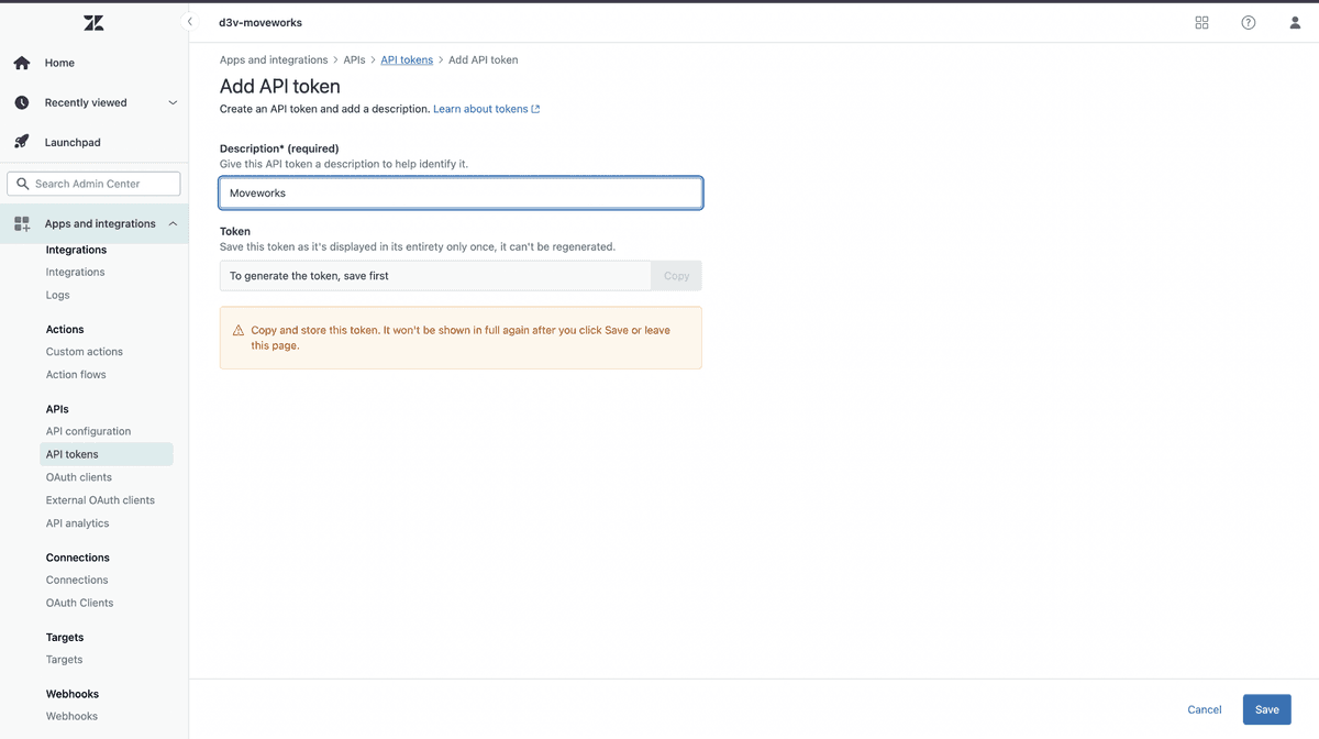 Zendesk Add API token dialog