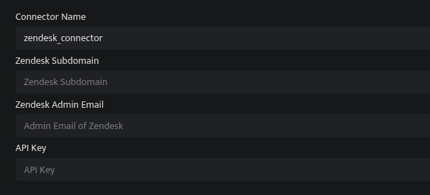 Zendesk connector configuration fields in the Bloo Datasource page