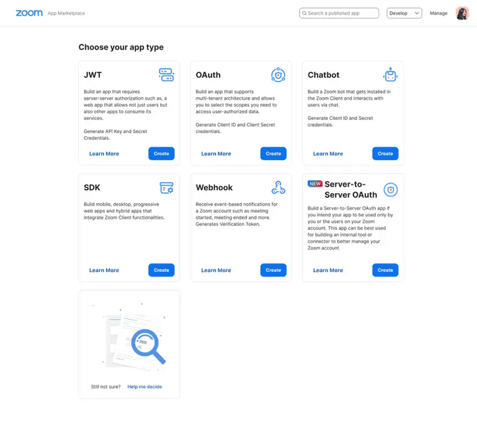 Zoom app type selection with Server-to-Server OAuth option