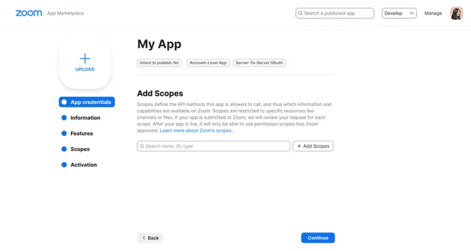 Zoom Scopes tab for adding required API scopes