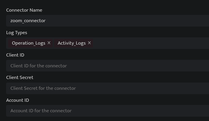Zoom connector configuration fields in the Bloo Datasource page
